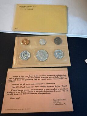 Original 1961 U.S Mint 90% Silver Proof Set in OGP with Envelope, Note & 5 coins